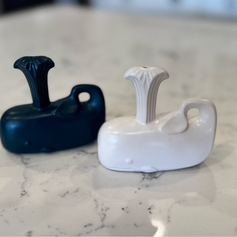 Jonathan Adler Whale Shaped Ceramic Salt and Pepper Shakers - Navy and White